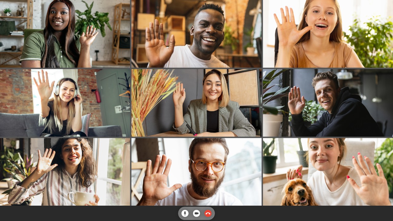 Salutation. Team working, remote education by group video call, people share ideas brainstorming use video conference. Collage Salutation, greetings. Team working by group video call share ideas brainstorming use video conference. PC screen view with young people, application ad. Education, study online, post-pandemic life concept